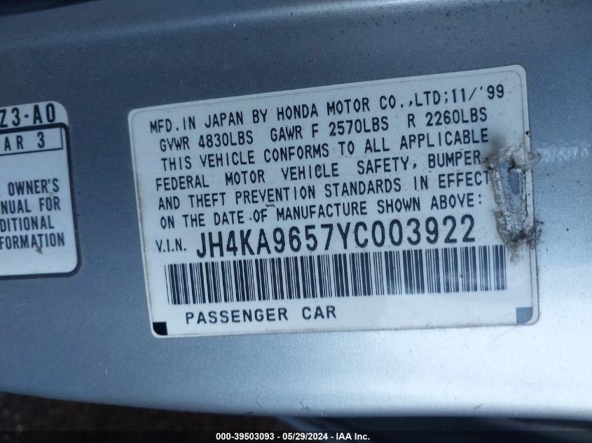 2000 Acura Rl 3.5 VIN: JH4KA9657YC003922 Lot: 39503093