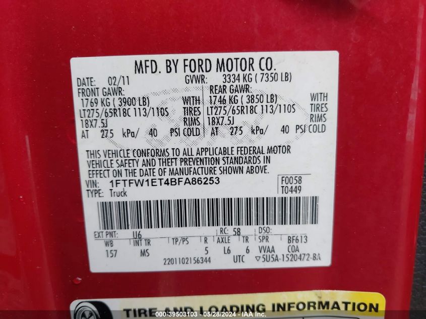 2011 Ford F-150 Xlt VIN: 1FTFW1ET4BFA86253 Lot: 39503103