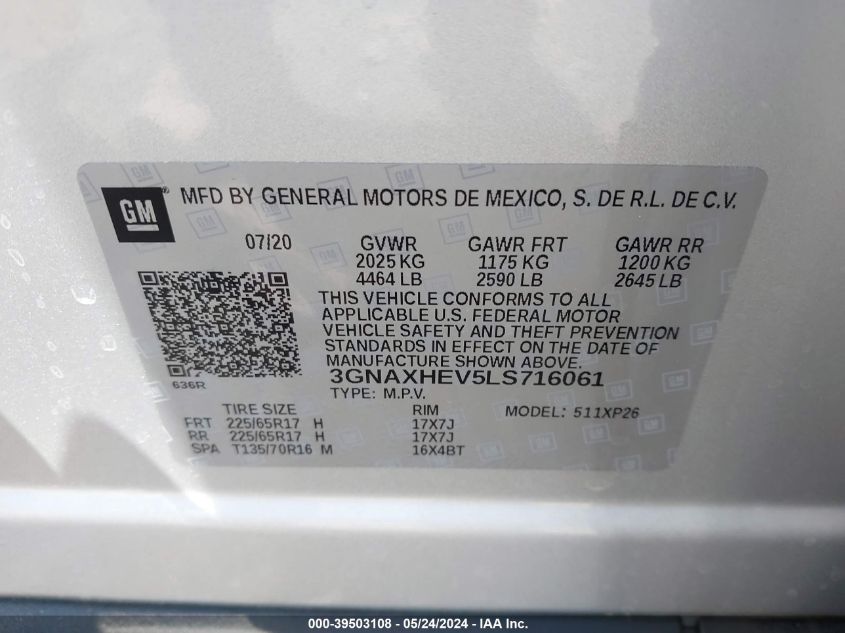 2020 Chevrolet Equinox Fwd Ls VIN: 3GNAXHEV5LS716061 Lot: 39503108