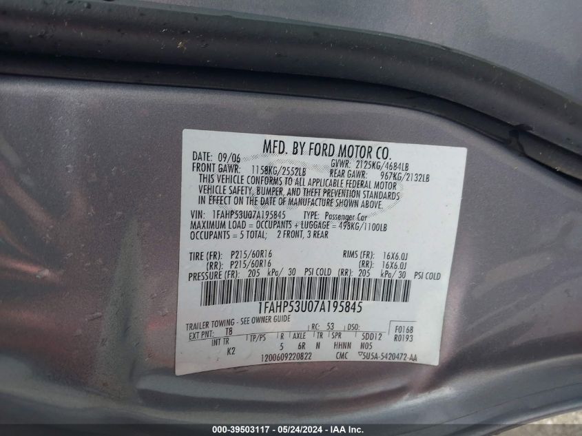 2007 Ford Taurus Se VIN: 1FAHP53U07A195845 Lot: 39503117