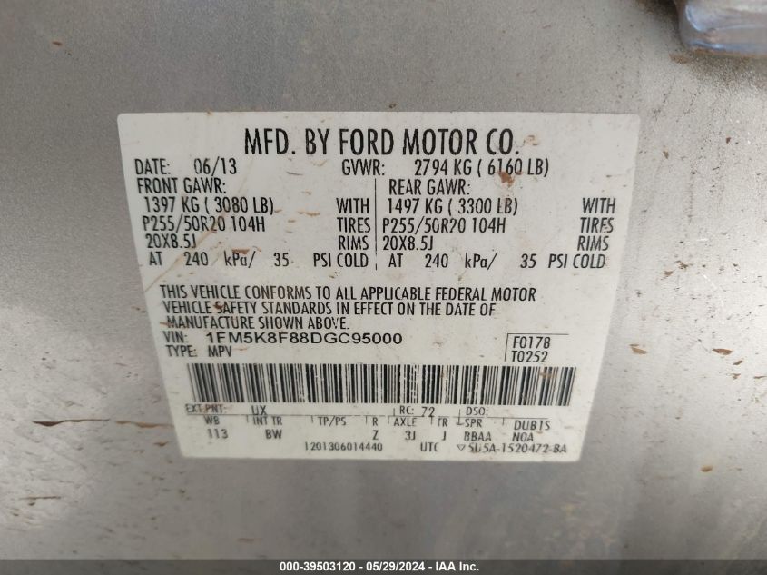 2013 Ford Explorer Limited VIN: 1FM5K8F88DGC95000 Lot: 39503120