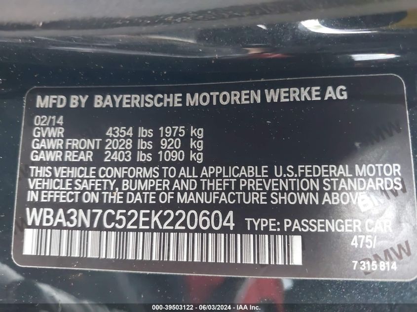 2014 BMW 428I VIN: WBA3N7C52EK220604 Lot: 39503122