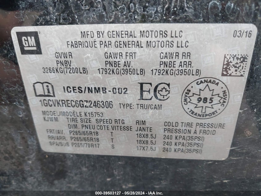 2016 Chevrolet Silverado 1500 1Lt/2Lt VIN: 1GCVKREC6GZ246306 Lot: 39503127