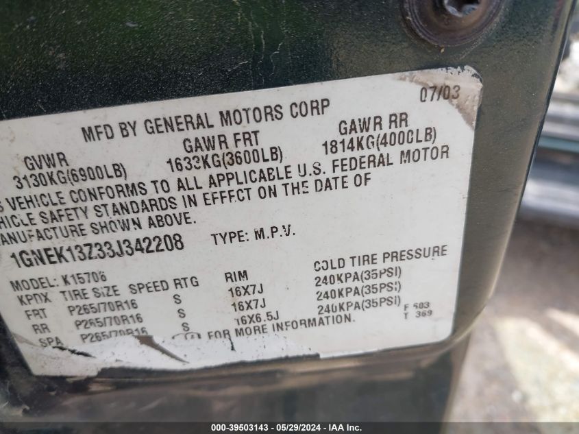 2003 Chevrolet Tahoe Lt VIN: 1GNEK13Z33J342208 Lot: 39503143