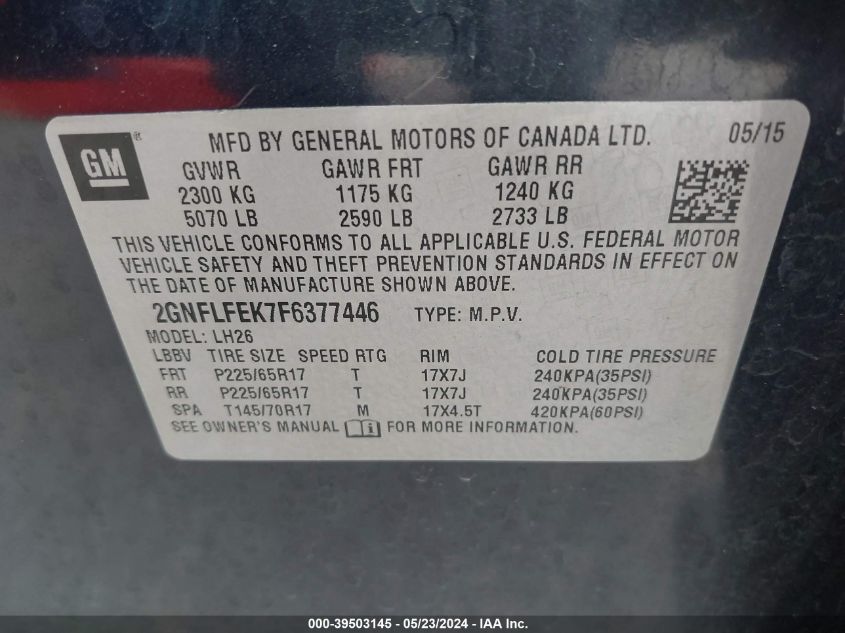 2015 CHEVROLET EQUINOX 1LT - 2GNFLFEK7F6377446