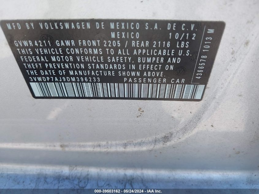 2013 Volkswagen Jetta 2.5L Se VIN: 3VWDP7AJ9DM396233 Lot: 39503162