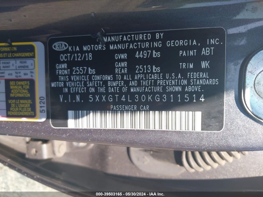 2019 Kia Optima Lx VIN: 5XXGT4L30KG311514 Lot: 39503165