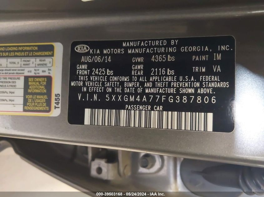 2015 Kia Optima Lx VIN: 5XXGM4A77FG387806 Lot: 39503168