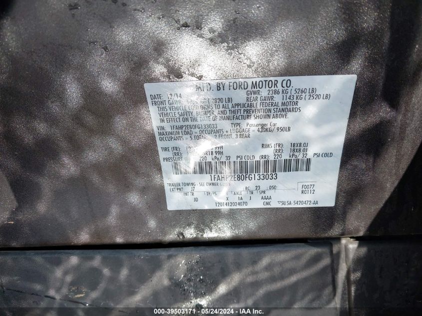 2015 Ford Taurus Sel VIN: 1FAHP2E80FG133033 Lot: 39503171