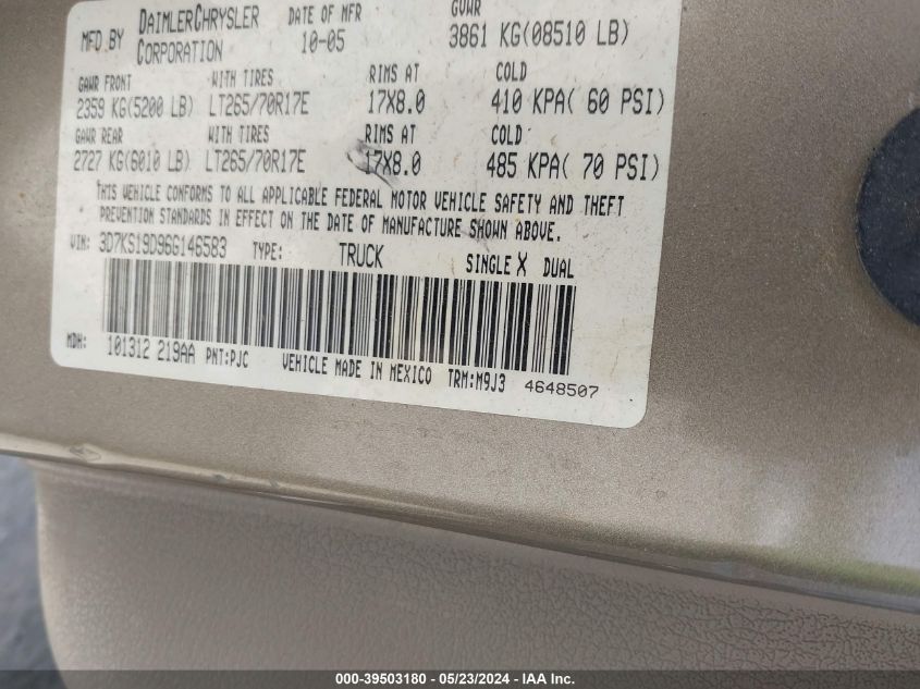 2006 Dodge Ram 1500 Slt VIN: 3D7KS19D96G146583 Lot: 39503180