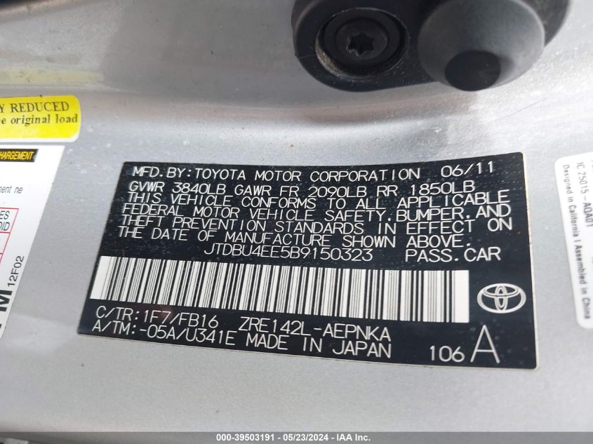 2011 Toyota Corolla Le VIN: JTDBU4EE5B9150323 Lot: 39503191