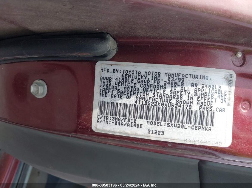 1999 Toyota Camry Le VIN: 4T1BG22K0XU524178 Lot: 39503196