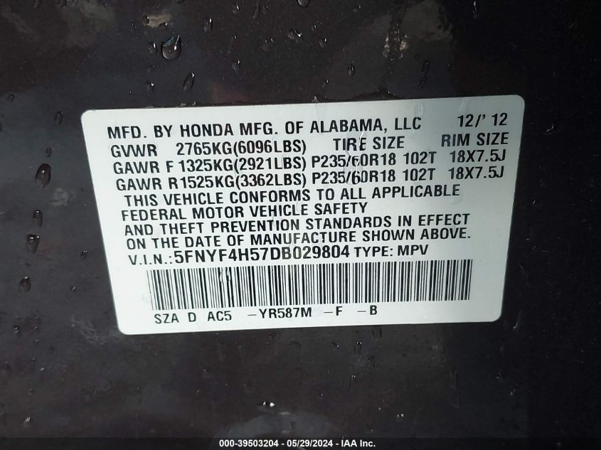 2013 Honda Pilot Ex-L VIN: 5FNYF4H57DB029804 Lot: 39503204
