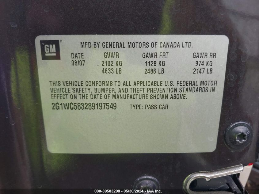 2008 Chevrolet Impala Lt VIN: 2G1WC583289197549 Lot: 39503208