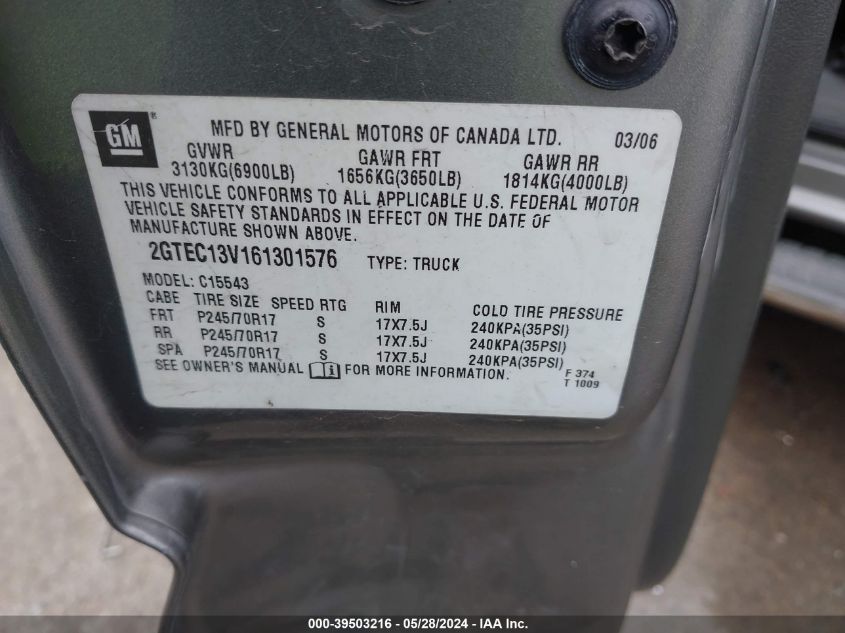 2006 GMC Sierra 1500 Sl VIN: 2GTEC13V161301576 Lot: 39503216