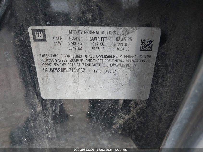 2018 Chevrolet Cruze Lt Auto VIN: 1G1BE5SM5J7141932 Lot: 39503226