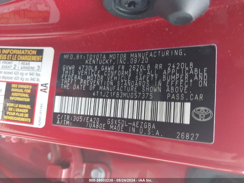 2021 Toyota Avalon Xle VIN: 4T1JZ1FB3MU057375 Lot: 39503238