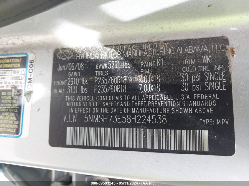 2008 Hyundai Santa Fe Limited/Se VIN: 5NMSH73E58H224538 Lot: 39503245