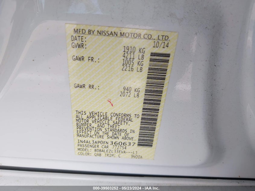 2015 Nissan Altima 2.5 S VIN: 1N4AL3AP0FN360637 Lot: 39503252