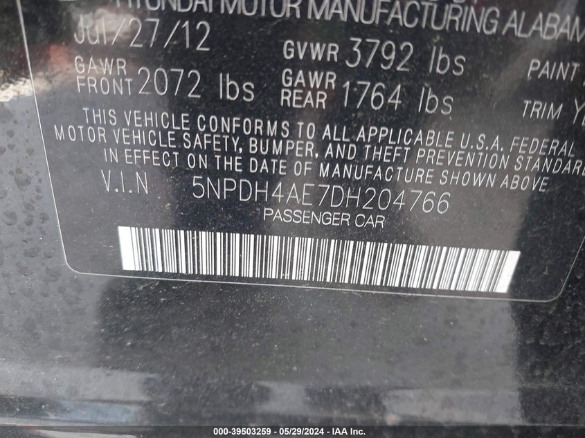 2013 Hyundai Elantra Gls VIN: 5NPDH4AE7DH204766 Lot: 39503259