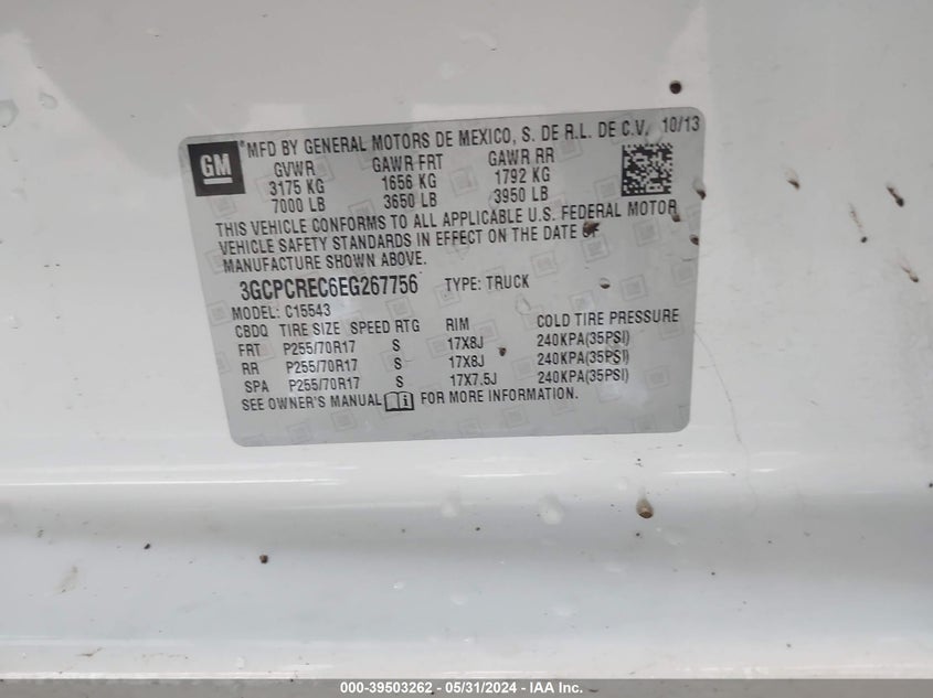 2014 Chevrolet Silverado 1500 1Lt VIN: 3GCPCREC6EG267756 Lot: 39503262