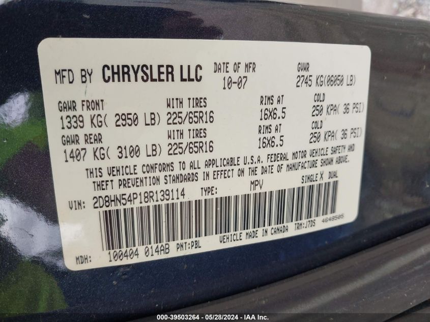 2008 Dodge Grand Caravan Sxt VIN: 2D8HN54P18R139114 Lot: 39503264