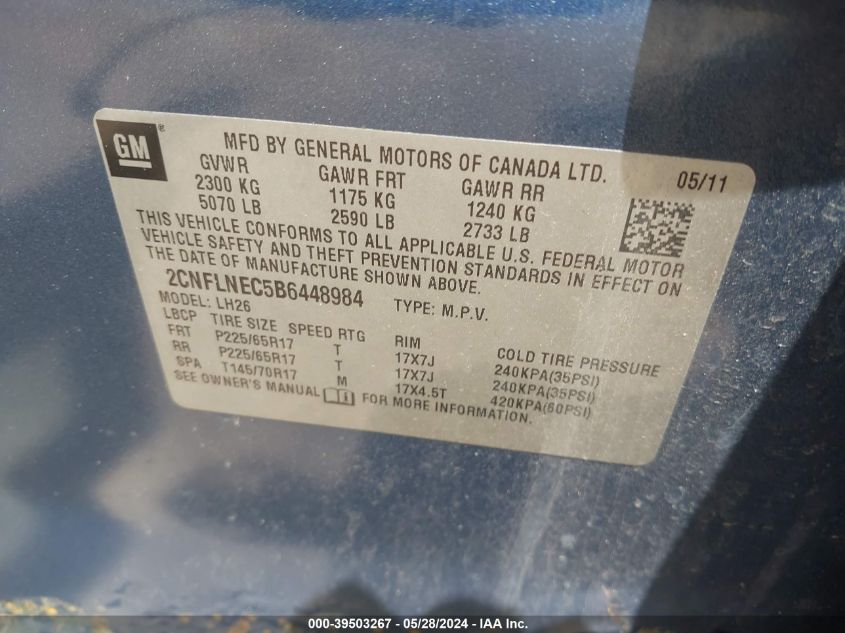 2011 Chevrolet Equinox 2Lt VIN: 2CNFLNEC5B6448984 Lot: 39503267