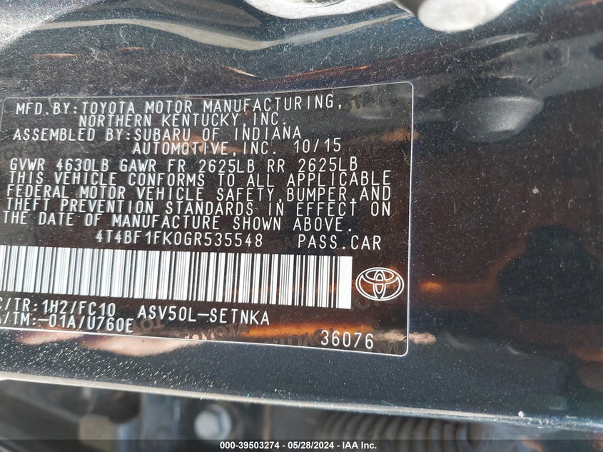 2016 Toyota Camry Le VIN: 4T4BF1FK0GR535548 Lot: 39503274