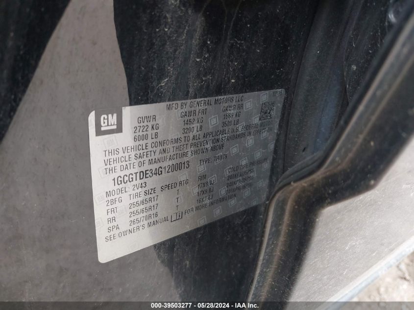 2016 Chevrolet Colorado Z71 VIN: 1GCGTDE34G1200013 Lot: 39503277