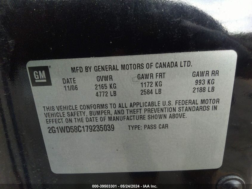 2007 Chevrolet Impala Ss VIN: 2G1WD58C179235039 Lot: 39503301