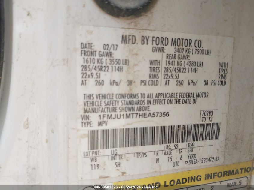 2017 Ford Expedition Platinum VIN: 1FMJU1MT7HEA57356 Lot: 39503326