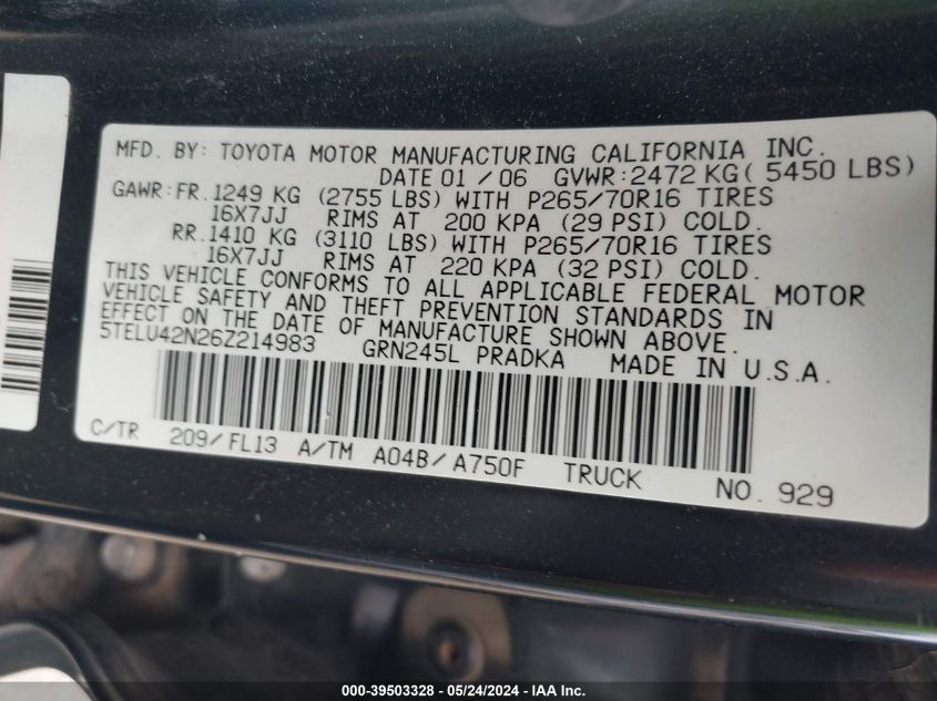 2006 Toyota Tacoma Base V6 VIN: 5TELU42N26Z214983 Lot: 39503328