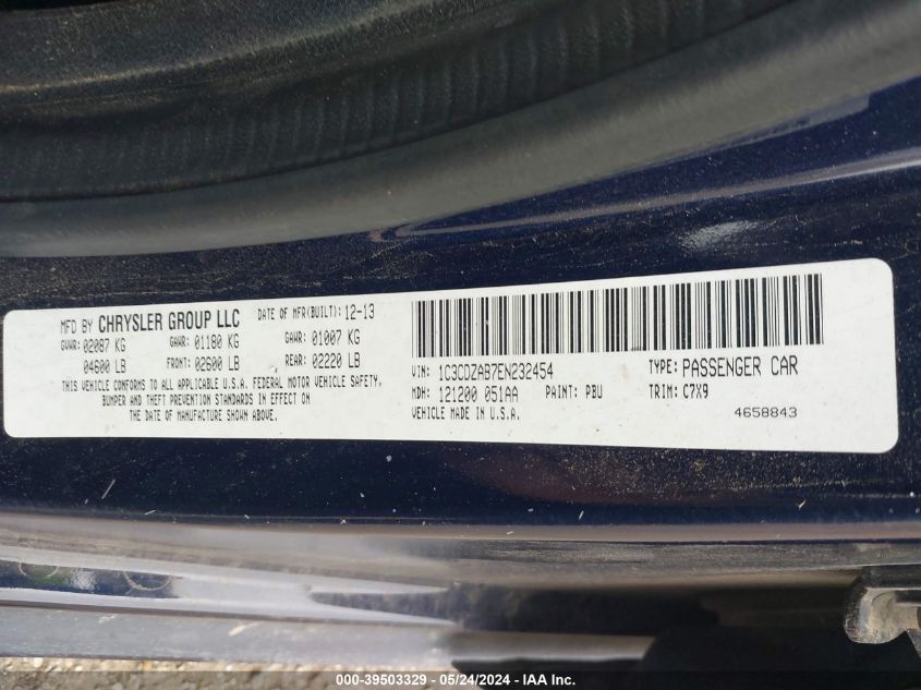 2014 Dodge Avenger Se VIN: 1C3CDZAB7EN232454 Lot: 39503329