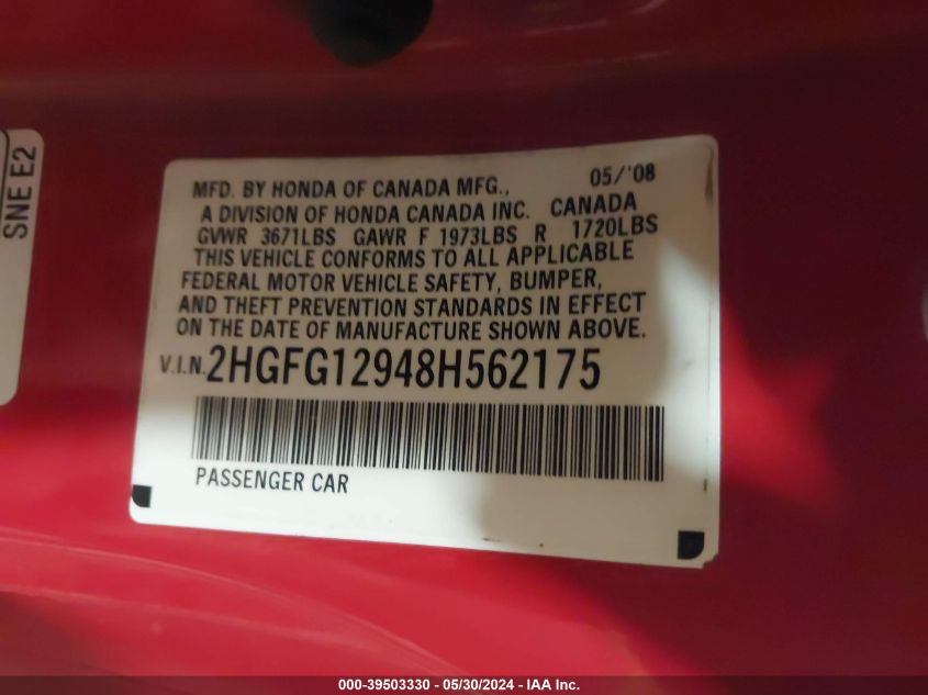 2008 Honda Civic Ex-L VIN: 2HGFG12948H562175 Lot: 39503330
