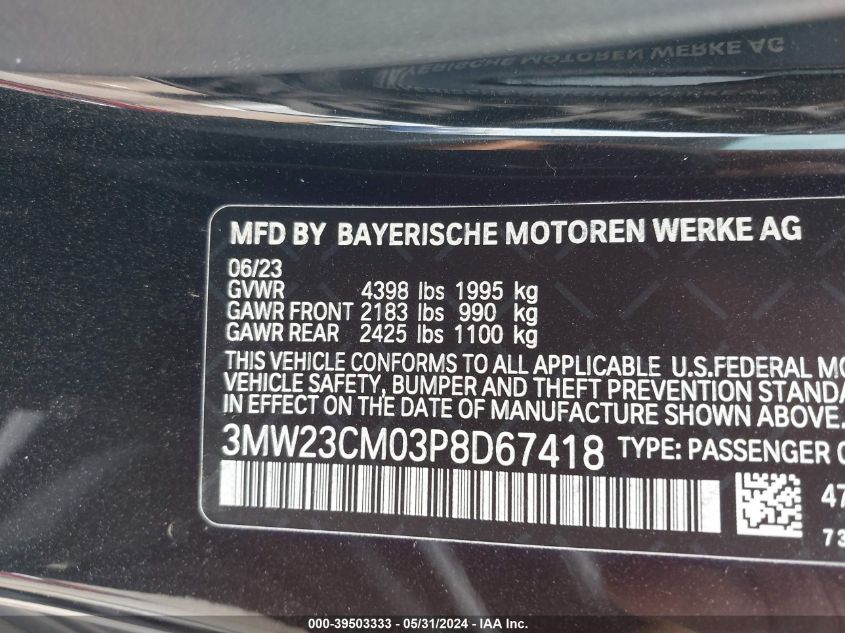 2023 BMW 230 I VIN: 3MW23CM03P8D67418 Lot: 39503333