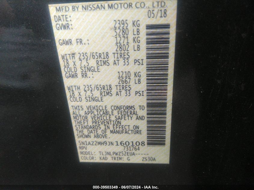2018 Nissan Murano S VIN: 5N1AZ2MH9JN160108 Lot: 39503349