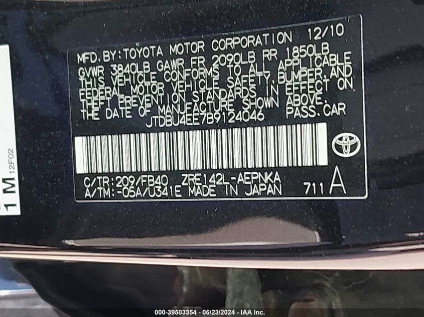 2011 Toyota Corolla Le VIN: JTDBU4EE7B9124046 Lot: 39503354