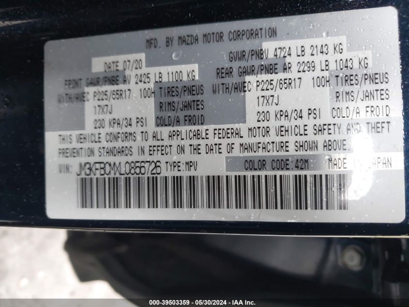 2020 Mazda Cx-5 Touring VIN: JM3KFBCMXL0856726 Lot: 39503359