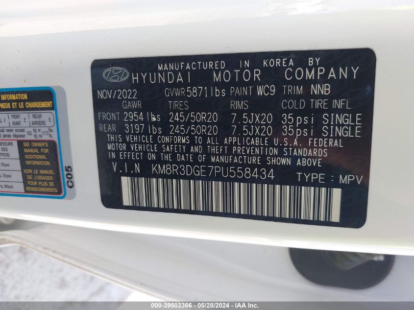 2023 Hyundai Palisade Xrt VIN: KM8R3DGE7PU558434 Lot: 39503366