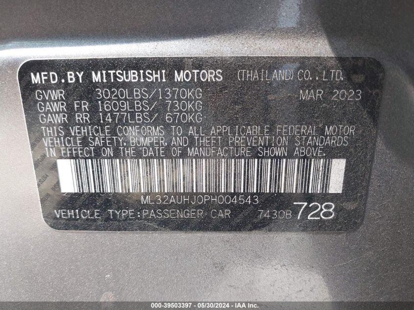 2023 Mitsubishi Mirage Es/Le VIN: ML32AUHJ0PH004543 Lot: 39503397