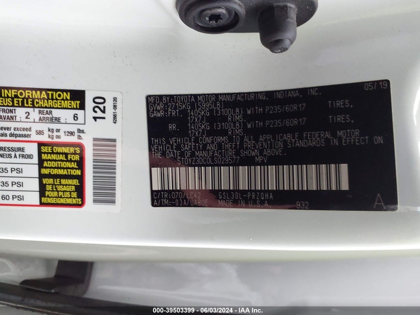 2020 Toyota Sienna Xle VIN: 5TDYZ3DC0LS029577 Lot: 39503399