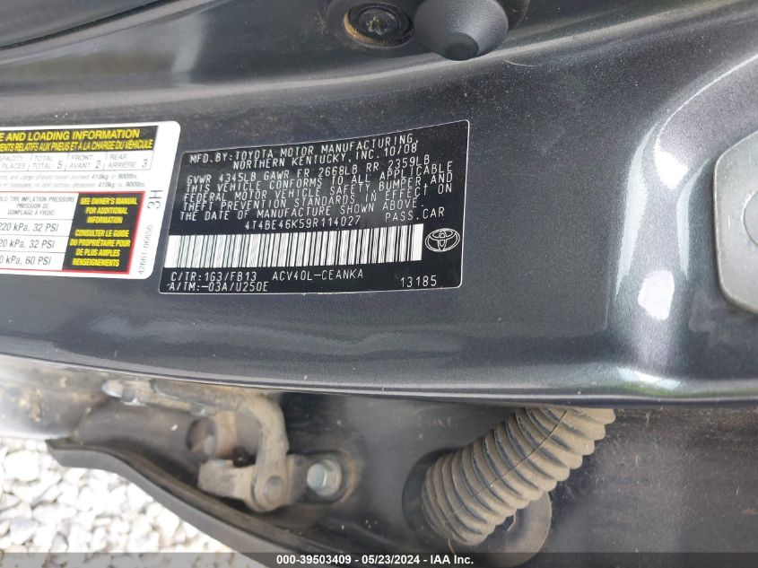 2009 Toyota Camry Le VIN: 4T4BE46K59R114027 Lot: 39503409