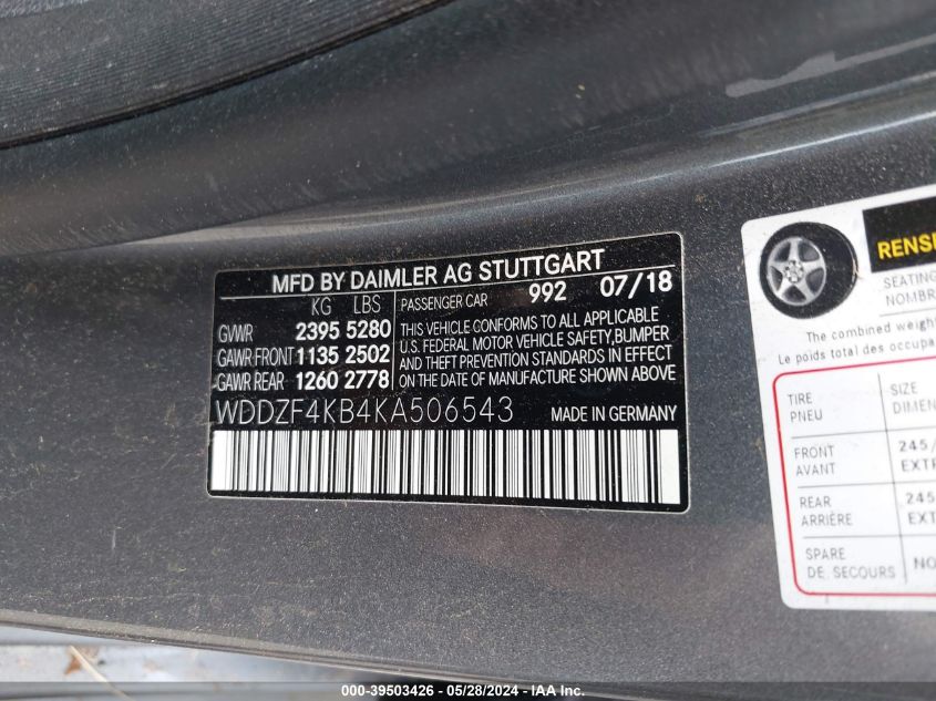 2019 Mercedes-Benz E 300 4Matic VIN: WDDZF4KB4KA506543 Lot: 39503426