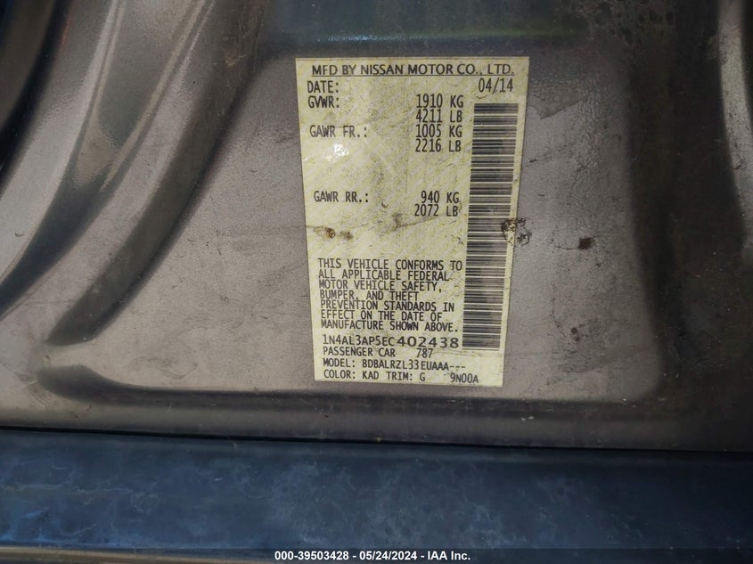2014 Nissan Altima 2.5/2.5 S/2.5 Sl/2.5 Sv VIN: 1N4AL3AP5EC402438 Lot: 39503428