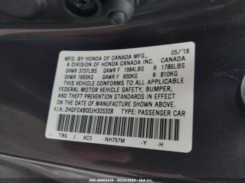 2018 Honda Civic Lx-P VIN: 2HGFC4B00JH305308 Lot: 39503439