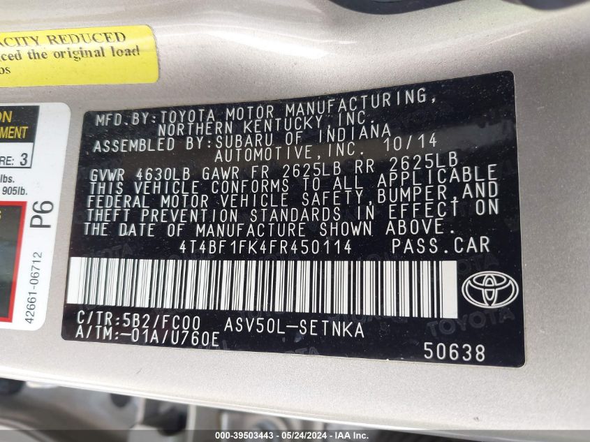 2015 Toyota Camry Le VIN: 4T4BF1FK4FR450114 Lot: 39503443