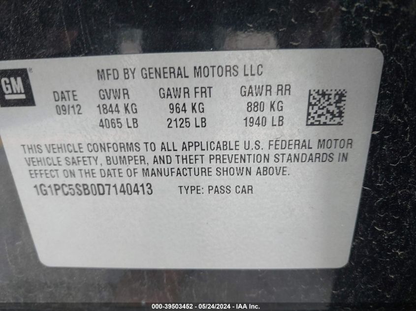 2013 Chevrolet Cruze 1Lt Auto VIN: 1G1PC5SB0D7140413 Lot: 39503452