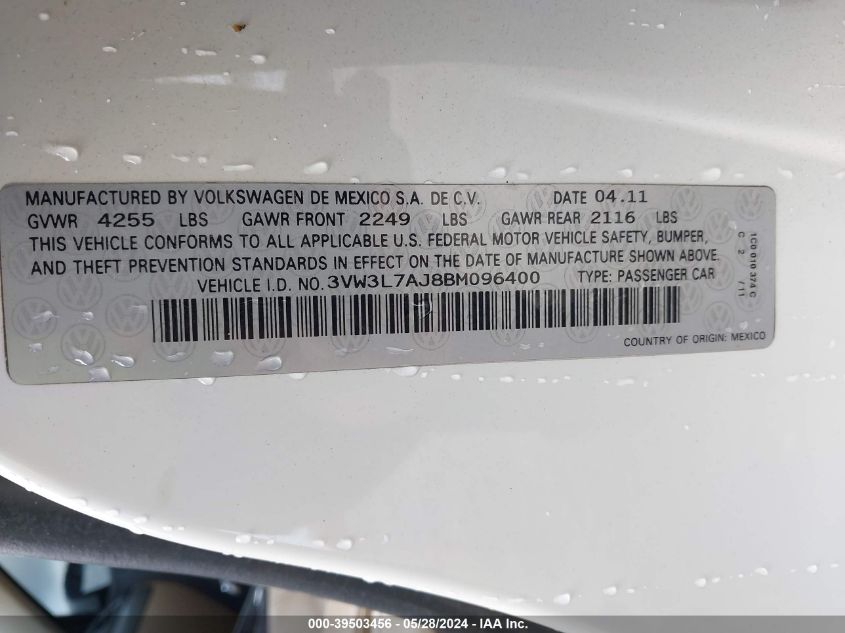2011 Volkswagen Jetta 2.0L Tdi VIN: 3VW3L7AJ8BM096400 Lot: 39503456