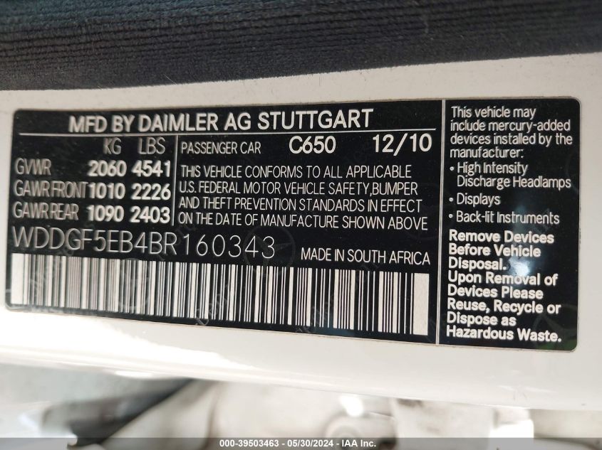 2011 Mercedes-Benz C 300 Luxury/Sport VIN: WDDGF5EB4BR160343 Lot: 39503463