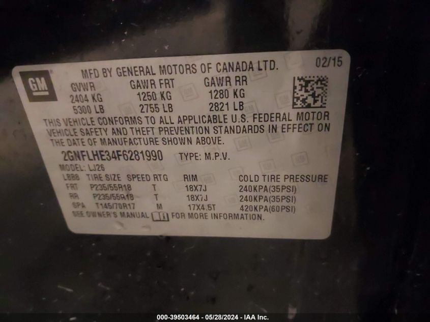 2015 Chevrolet Equinox Ltz VIN: 2GNFLHE34F6281990 Lot: 39503464